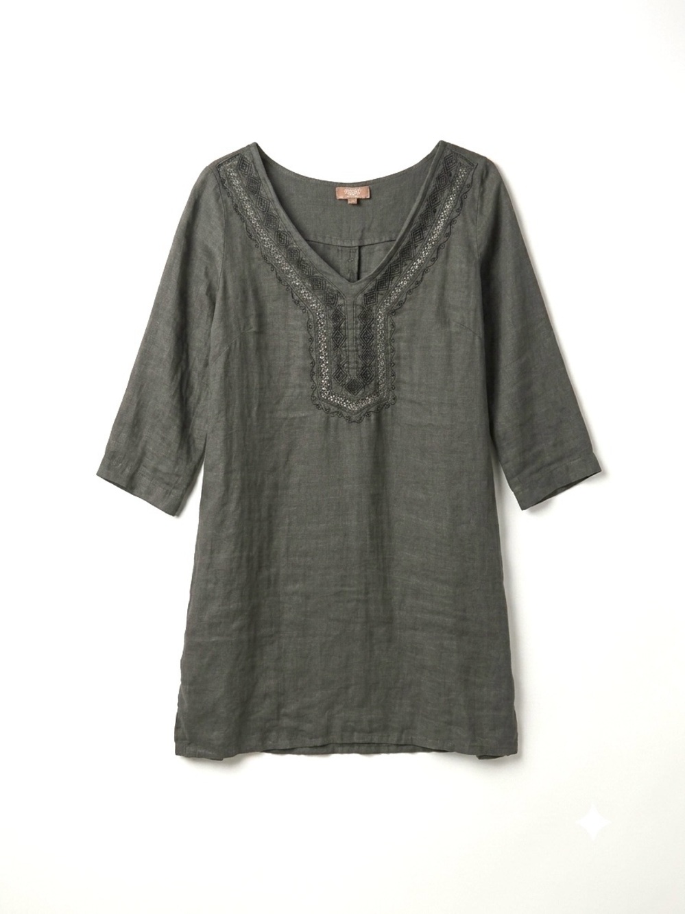 Carla Conti 100% Linen Tunic Dress M Gray Embroidered Boho Resort Beach Coverup